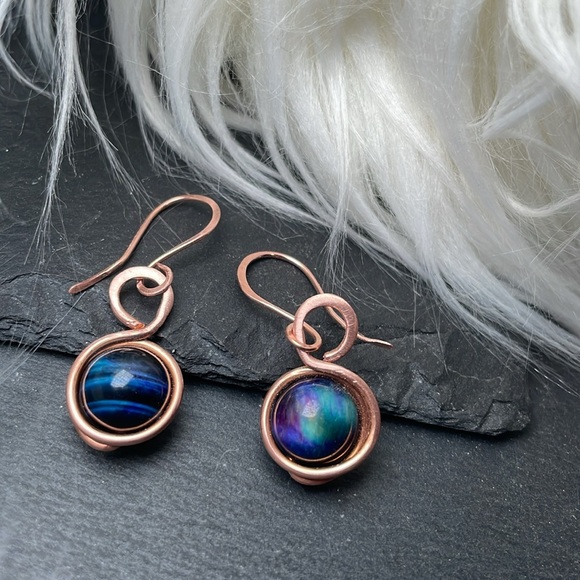 Galaxy Tigers Eye Copper Dangling Earrings Artisan Made - Picture 1 of 15